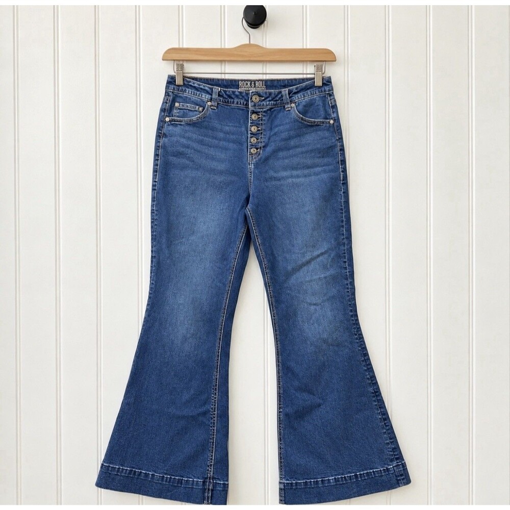 Rock & Roll Denim High Rise Trouser Flair Jeans 34x30 Western Y2K Denim Cowgirl